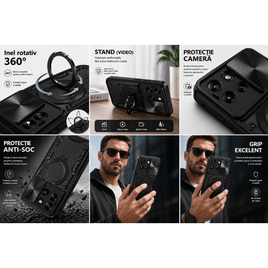 Husa Compatibila cu Motorola Edge 70 Fusion, Antisoc, Inel Rotativ 360, Stand, Protectie Camera, Negru, ALC MOBILE